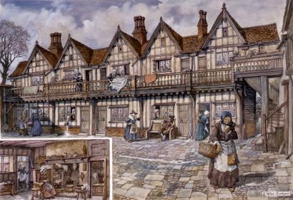 Conjectural drawing of Whitefriars almshouses by Peter Jackson based on Treswell