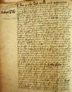 Robert Peele's Will, Book of Deeds and Wills, 1538